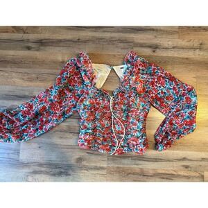 Free People Mabel Blouse Floral Lace Up Ruched Spring Boho Romantic Cottagecore